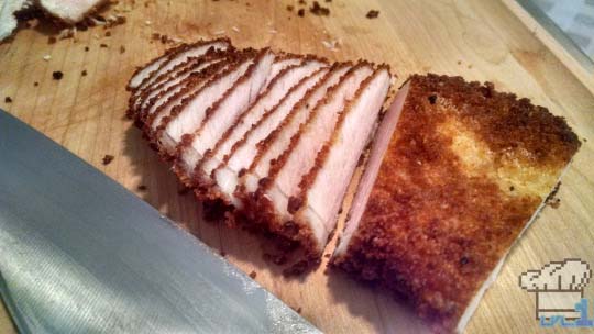 Thinly slice each of the breaded and fried pork chops before double cooking them into chips.