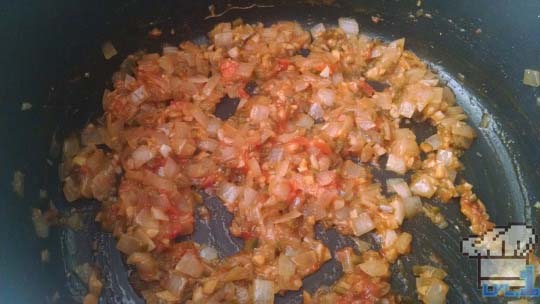 Sauteed tomato and onions for lentil soup in Brain Food Lunch for Earthbound game series.