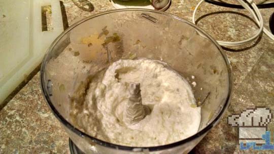 Pureed celery, onions and greek yogurt in food processor before adding trout.
