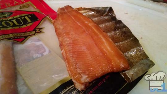 Remove the skin from the back of the smoked trout before adding to puree.