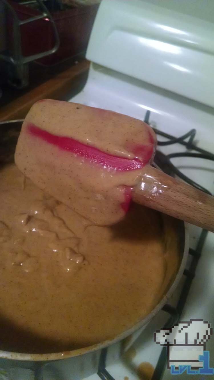 Thickening the caramelized sugar mixture in pan for the pie shell.