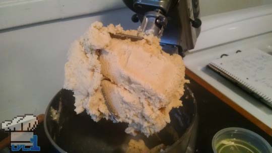 Creaming the butter, sugar and eggs together in the stand mixer for the cookie batter.