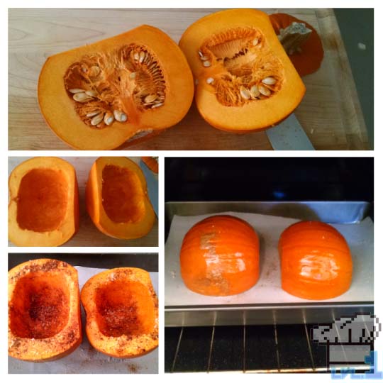 Pumpkins that have been halved, scooped out and placed face down on a parchment paper lined baking tray awaiting the oven.
