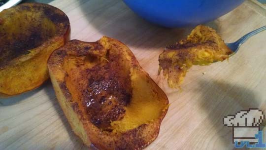 Roasted pumpkins removed from the oven and ready to be scooped out to make the Good Soup recipe from Legend of Zelda Twilight Princess game series.