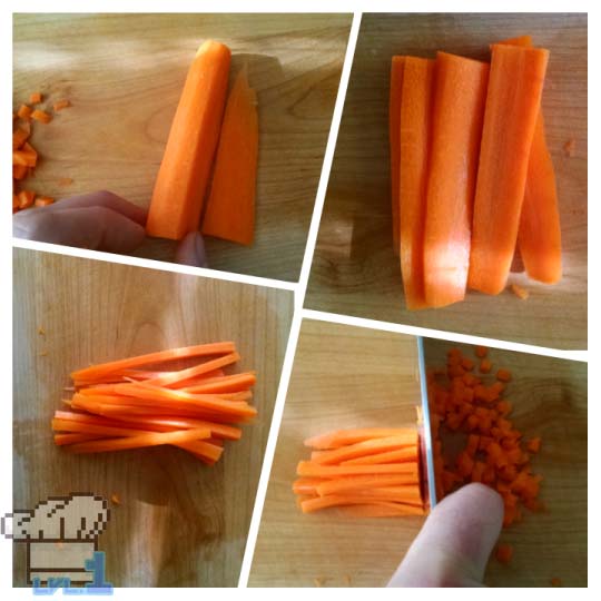 Chopping carrots in half, then into thin sticks and chopping them small to make stock for soup.
