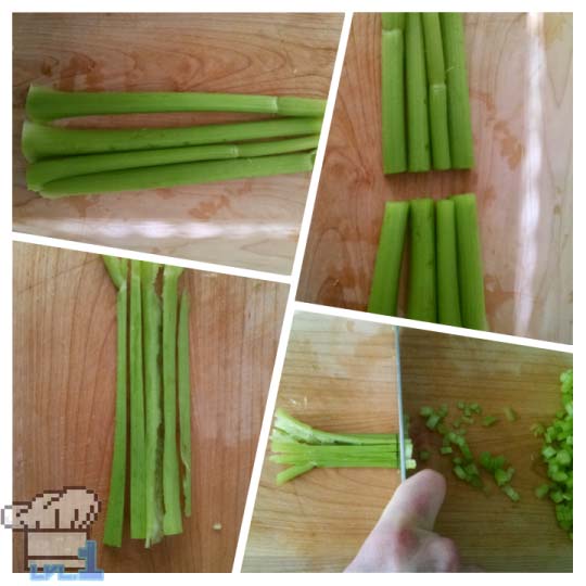 Chopping celery in half width wise then chopping fine for stock.