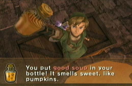 Link from Legend of Zelda Twilight Princess game series holding up a jar of Good Soup