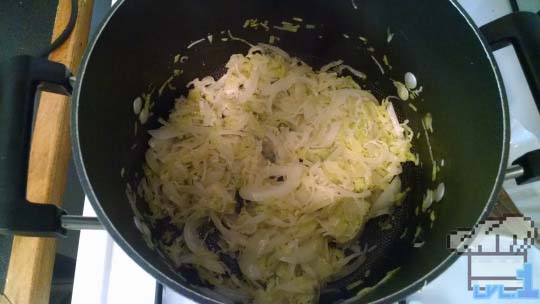 Chopped leeks sauteeing in a pan to make the Good Soup recipe from Legend of Zelda Twilight Princess game series.