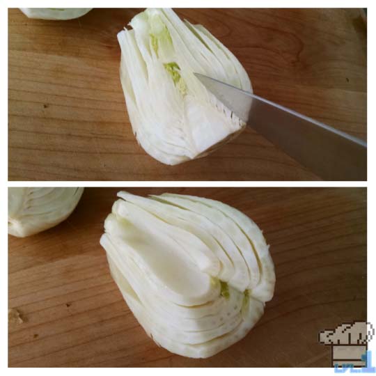 How to core and chop a bulb of fennel for the Simple Soup recipe from the Legend of Zelda Twilight Princess game series.