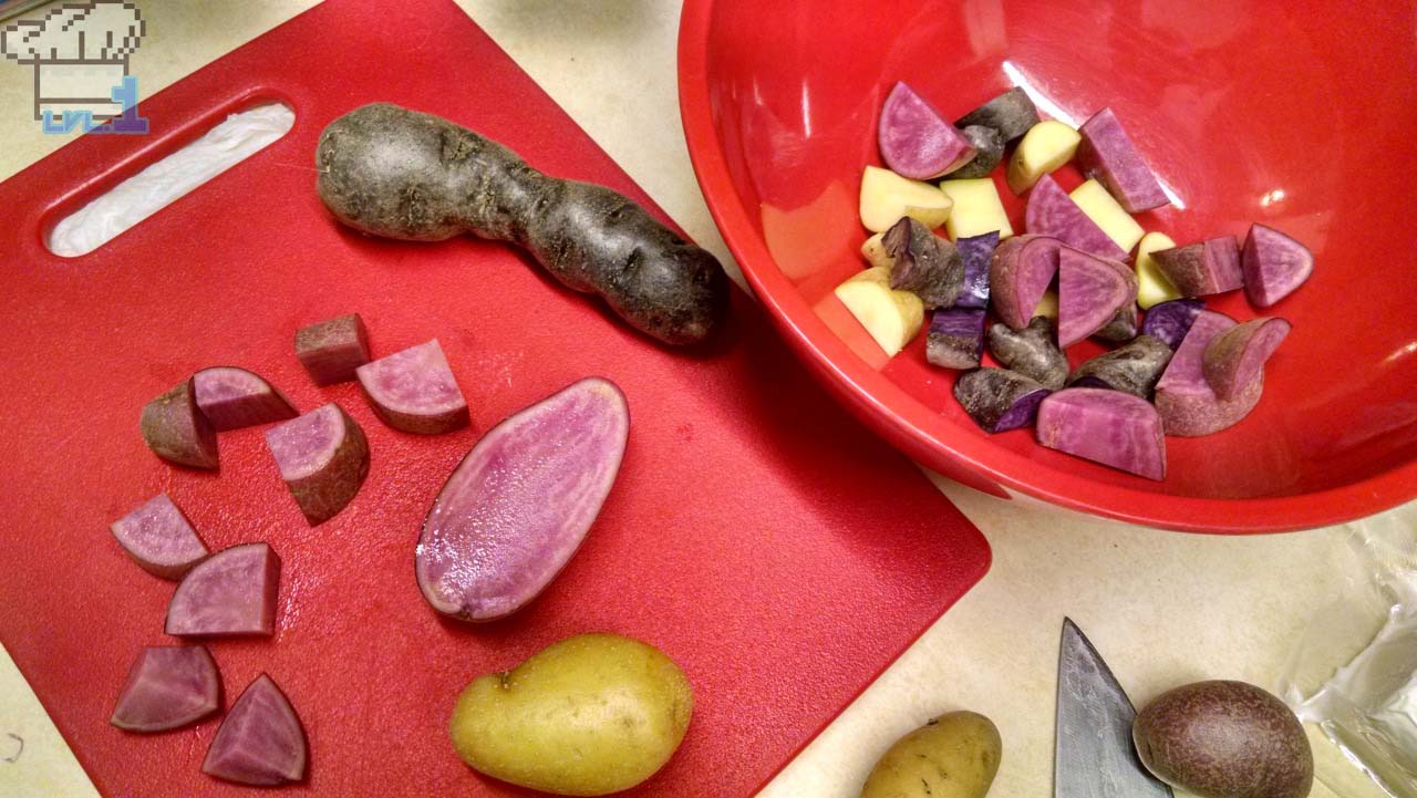 Sliced fingerling potatoes ready to be roasted for the Superb Soup recipe from the Legend of Zelda Twilight Princess game series.