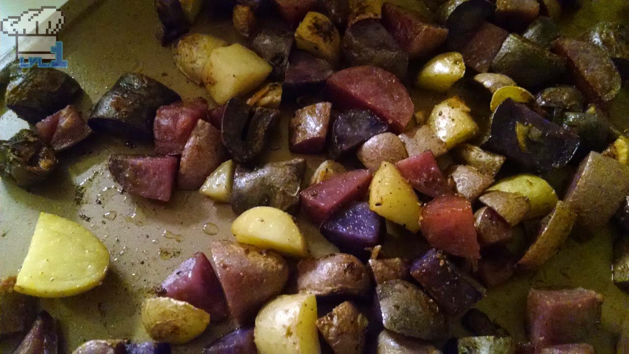 Roasted fingerling potatoes removed from the oven and ready to be used in the Superb Soup recipe from the Legend of Zelda Twilight Princess game series.