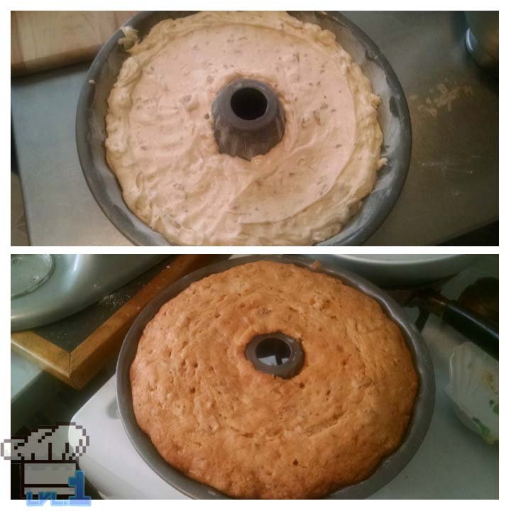A side by side comparison of the Deku Nut chestnut cake batter in bundt pan prior to baking and the fully baked cake still in bundt pan, post baking.