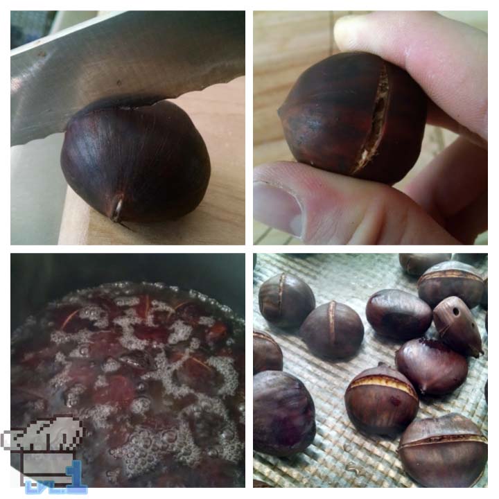 Sliced, boiled and roasted whole chestnuts ready to be peeled and chopped fine to be added to the Deku Nut cake batter recipe from the Legend of Zelda Wind Waker game series.