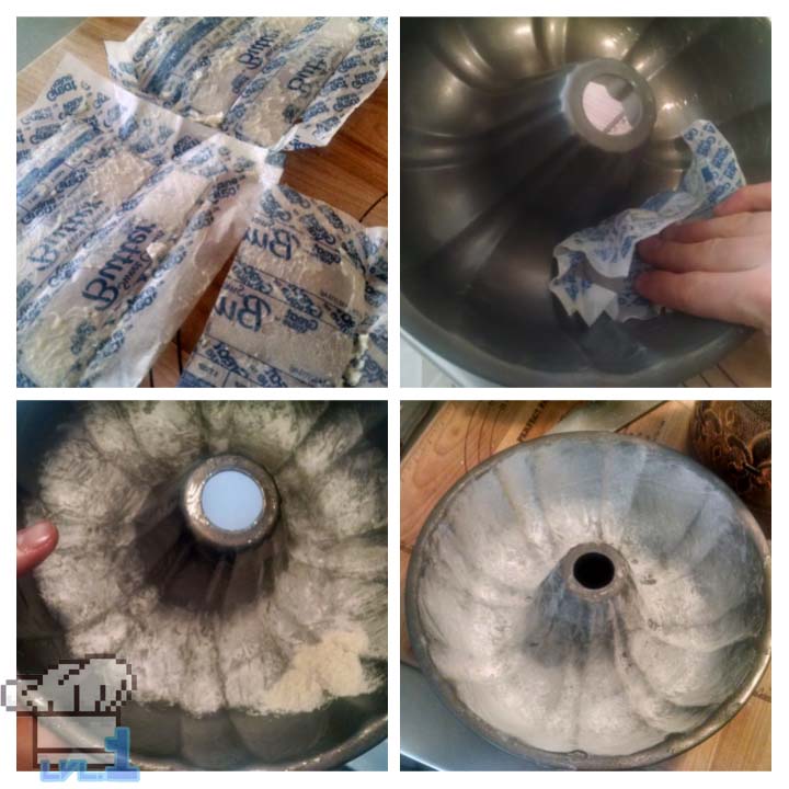 Greasing the bundt cake pan with leftover butter wrappers, then dusting the pan with flour so the cake does not stick while baking in the oven.