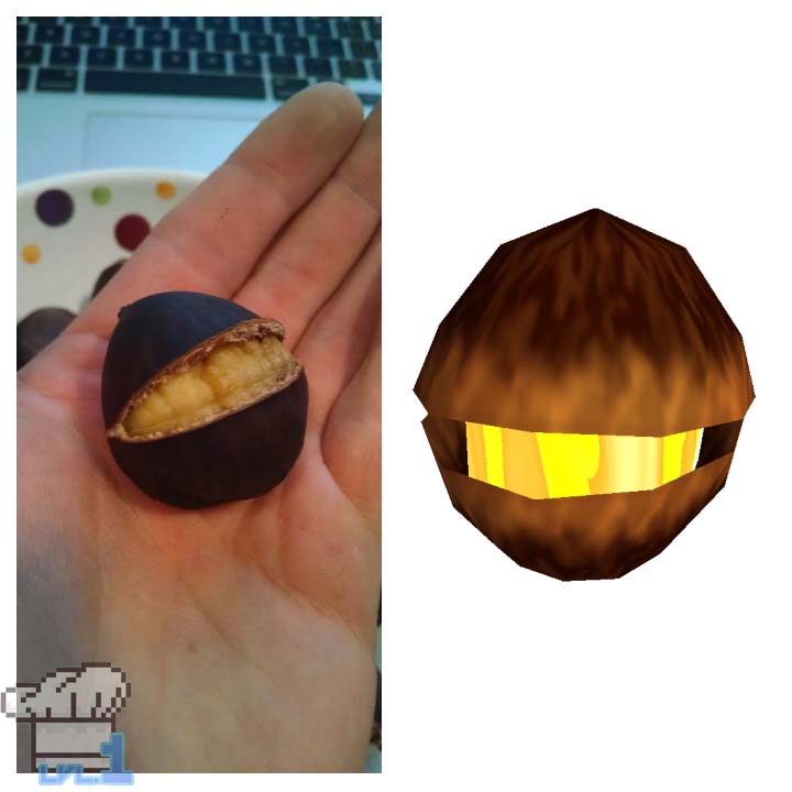 A side by side comparison of how similar the roasted chestnut looks like the Deku Nut from the Legend of Zelda Wind Waker game series.