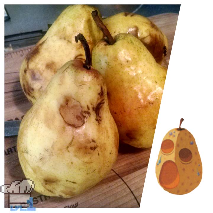 A side by side comparison of a ripe and bruised Bartlett Pear with a Hyoi Pear from the Legend of Zelda Wind Waker game series.