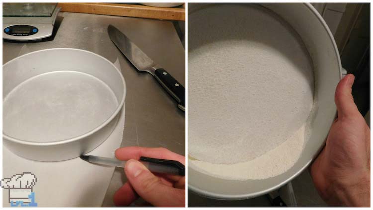 Tracing the cake pan bases on parchment paper to cut out and put in the bottom of the buttered cake pans so they do not stick to the sides or bottom after baking the Portal cake.