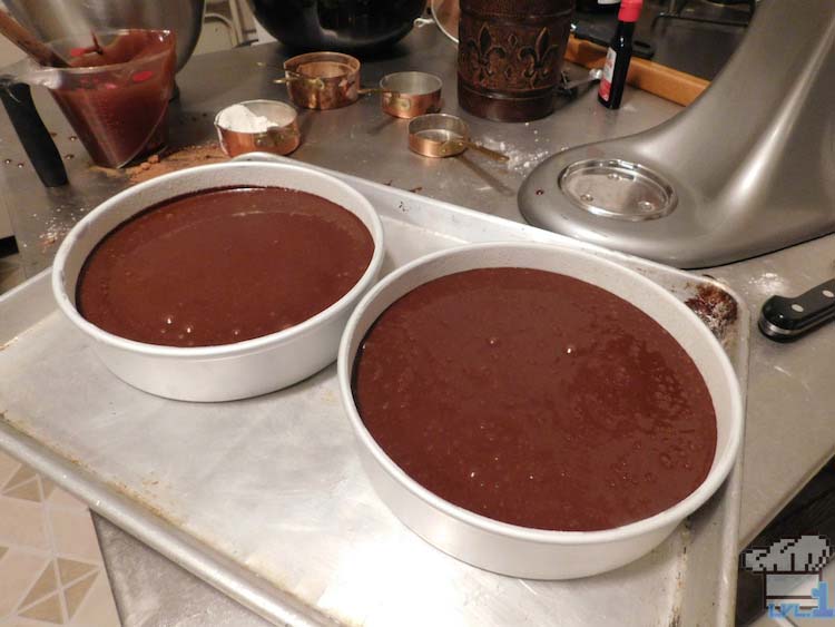 Divide the chocolate Portal cake batter into the two baking pans evening before baking in the oven.