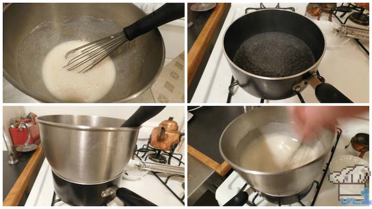 Making a swiss meringue over a double boiler on the stove for the chocolate buttercream base of the cake from the Portal game series.