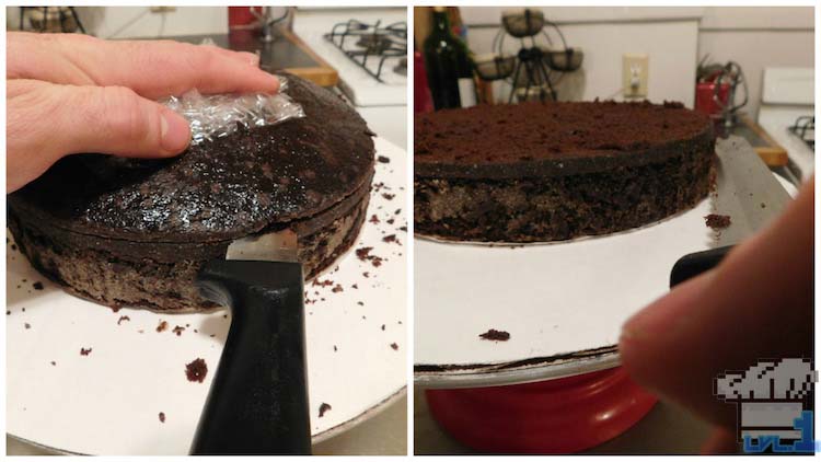 Slicing the tops off of the baked chocolate cakes to make them level, then slicing them in half for the chocolate buttercream filled layers.