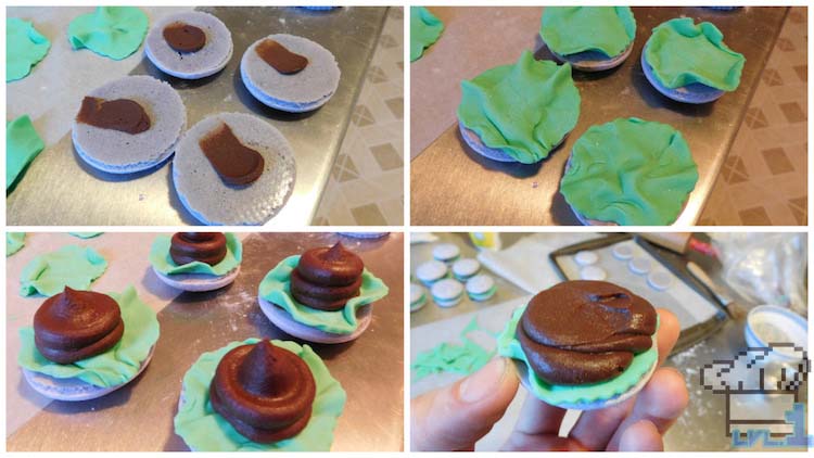 Glamburger assembly with the fondant lettuce leafs and chocolate ganache burger patties on the macaron buns.