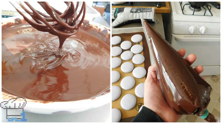 Chocolate ganache in pastry piping bag ready to pip onto Glamburger macaron buns. 