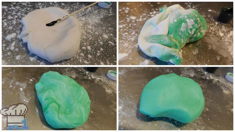 Coloring the fondant green for the lettuce leafs of the Glamburger recipe from the Undertale game series.
