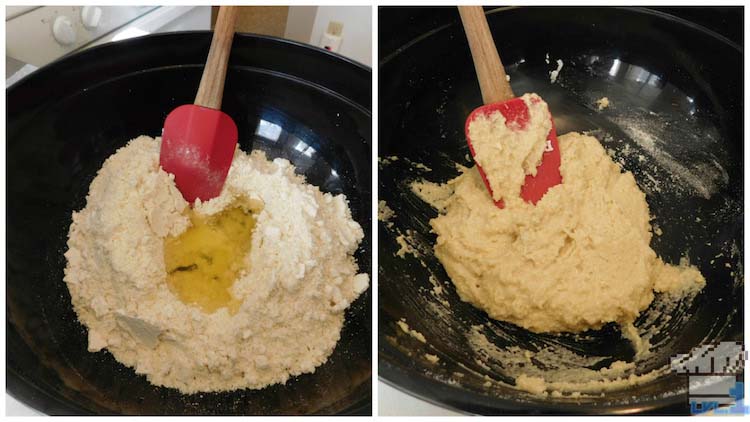 Mixing the almond flour and sugar together in a large mixing bowl with a spatula for the Glamburger macaron batter base.
