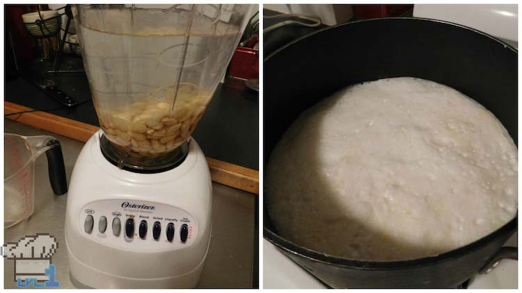 Soaked soybeans added to blender to puree into a mixture to then boil on the stove for the Strawberry Tofu recipe from the Earthbound and Mother 3 game series.