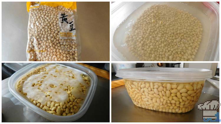 Soybeans soaking in a clear container before being pureed for the Strawberry Tofu recipe.