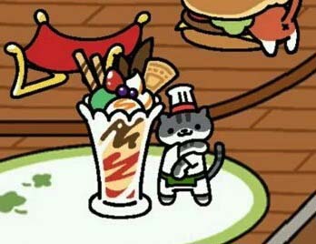 Screenshot of the cartoon parfait from the Neko Atsume game series, with Chef Guy Furry cat.