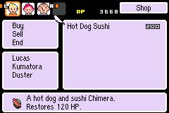 A screenshot from the Mother 3 game series of the Hot Dog Sushi pixel sprite item at a New Pork City food cart.