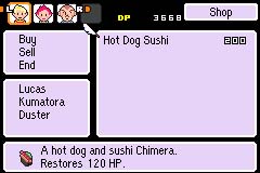 A screenshot from the Mother 3 game series of the Hot Dog Sushi pixel sprite item at a New Pork City food cart.