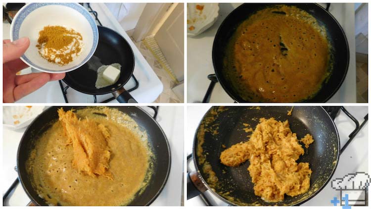 The grated vegetables have been added to the curry sauce and are simmering to increase the flavor.