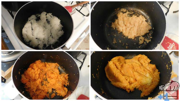 The grated vegetables have been added to the pan in four stages and are being cooked down before adding to the curry sauce.