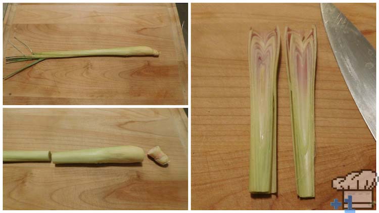 Slicing lemongrass in half for the curry base of the Superspicy Curry recipe from the Kirby's Dream Land game series.