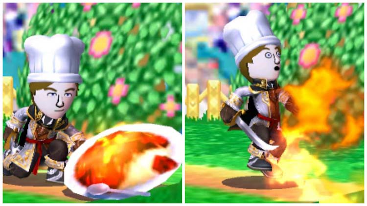 A screenshot from the Super Smash Bros game series of a Level 1 Chef Mii avatar breathing fire after eating a superspicy curry food item.