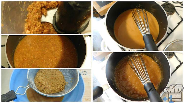 The curry paste has been strained and added to a pot to thicken up with a cornstarch slurry in process.