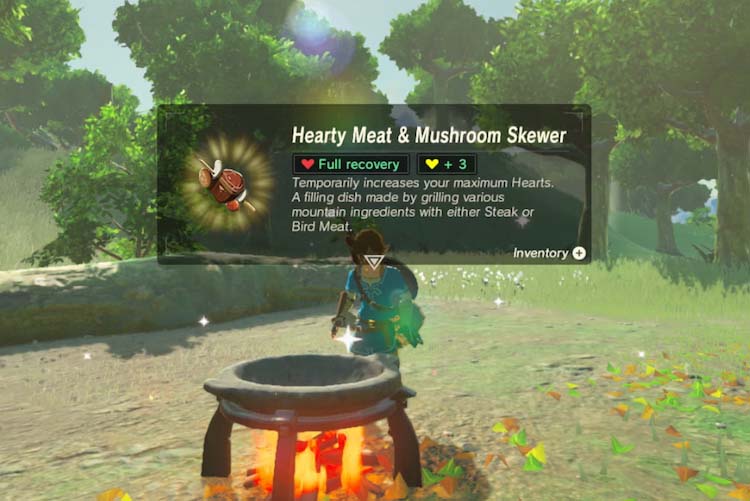 Screenshot of the Hearty Meat and Mushroom Skewer item from the Legend of Zelda Breath of the Wild game series.