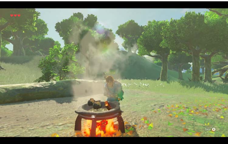 Screenshot of Link cooking outdoors on an open flame in the Legend of Zelda Breath of the Wild game series.