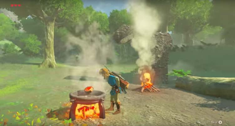 A screenshot from the preview trailer of the new Legend of Zelda Breath of the Wild game series of Link cooking meat on an outdoor grill in the woods.