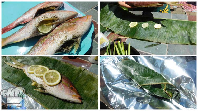 Sneaky fish stuffed with fresh herbs and lemon then wrapped in banana leaves to be steamed.