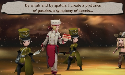 Screenshot of Angelo Panettone in battle with his strawberry frasier cake from the Bravely Second End Layer game series.