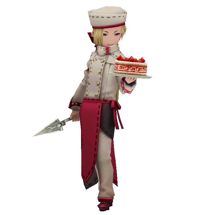 Screenshot of Angelo Panettone with his strawberry frasier battle cake, from the Bravely Second End Layer game series.