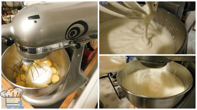 Beating the eggs and sugar in the stand mixer to make the base of the strawberry frasier cake from the Bravely Second End Layer game series.