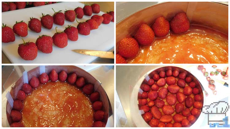Adding and arranging the strawberries to the middle layer of the strawberry frasier cake from the Bravely Second End Layer game series.