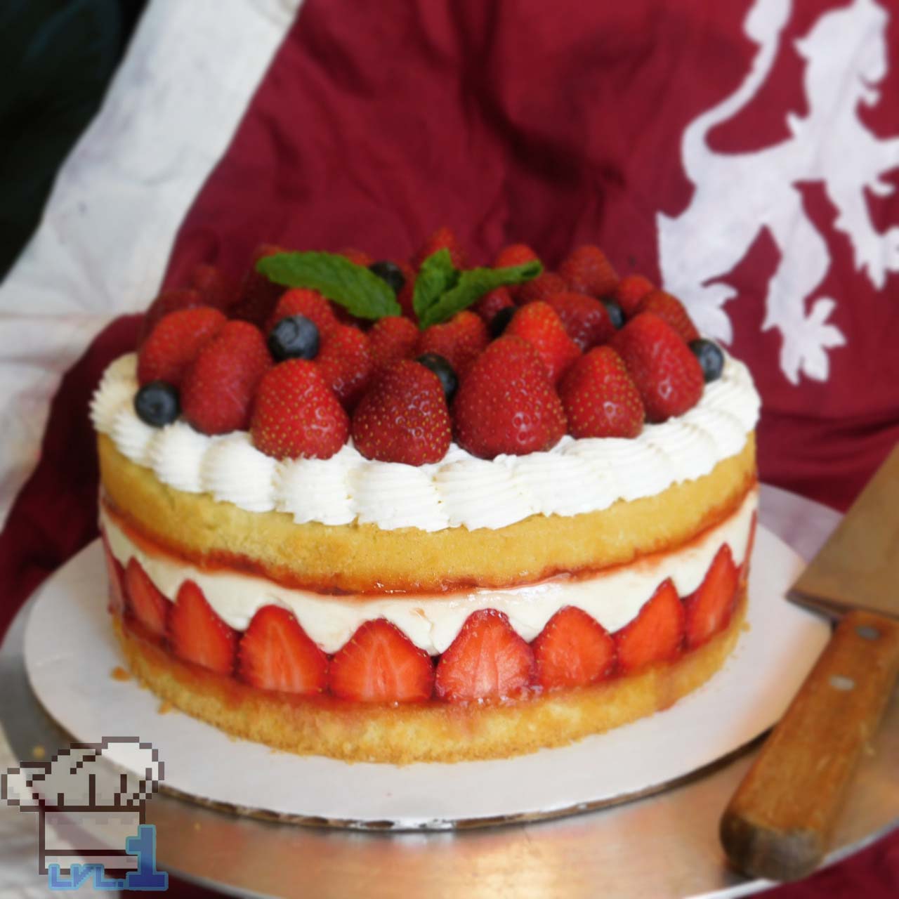 Completed strawberry frasier cake recipe from the Bravely Second End Layer game series.