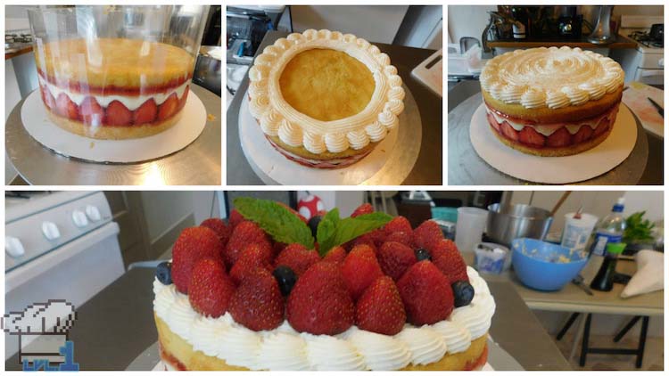 Assembling the cake layer by layer until completion, including the iconic strawberries on top.