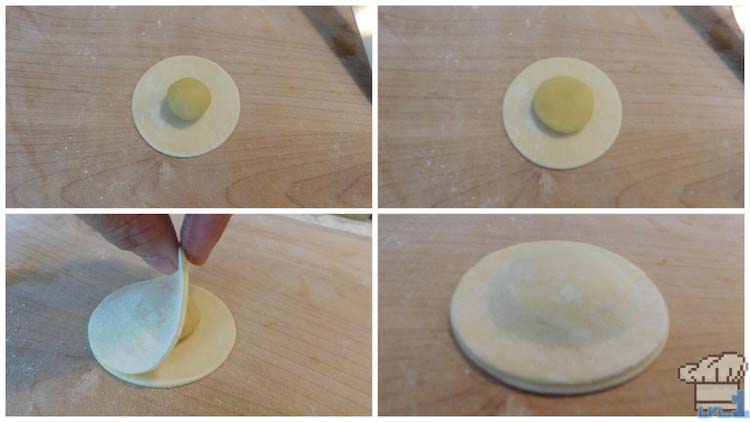 Small ball of almond paste filling added to the center of the circle cut puff pastry, then sealed as a pocket before baking in oven.