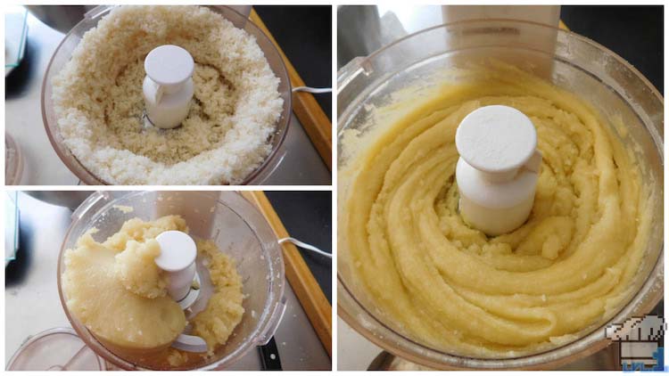 Sugar and almond paste being blended together smooth in a food processor for the Lumiose Galette filling recipe from the Pokemon game series.
